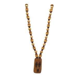 Handmade Wooden Beaded Necklace With Carved Tribal Pendant No Clasp
